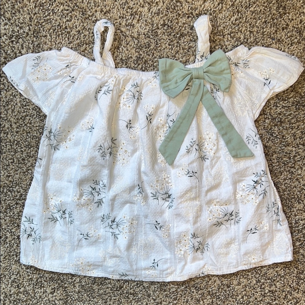 White and Green Floral Blouse with Ruffled Sleeves